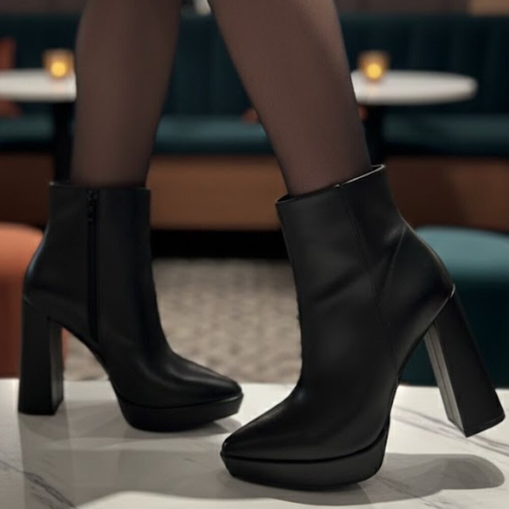 NWT PAZZLE Black Platform Ankle Booties | 5" Block Heel | Pointed Toe - Picture 4 of 6